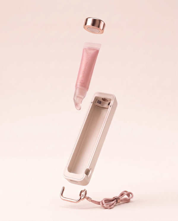 Exploded view of the Lip Pod showing the refillable gloss tube inside
