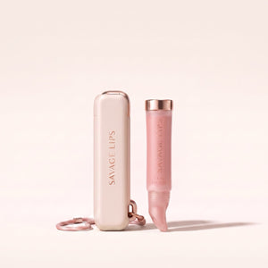 Lip Pod concept render — ivory case on a rose lanyard beside the Savage Skin gloss tube