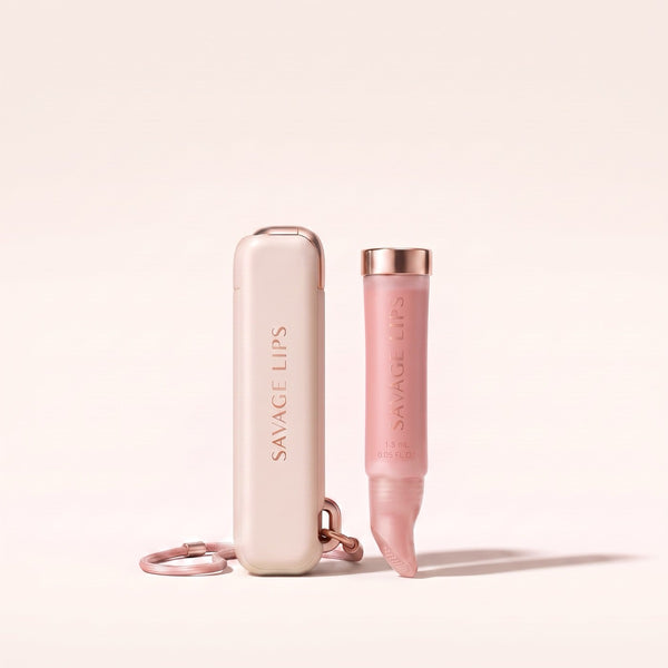 Lip Pod concept render — ivory case on a rose lanyard beside the Savage Skin gloss tube